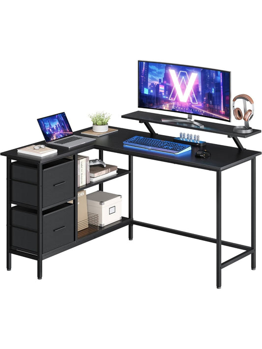 Escritorio Esquinero en L con Dos Cajones Amplios, Soporte de Pantalla y Estante Ajustable