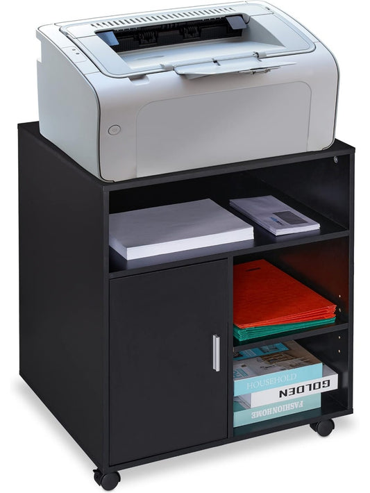Mueble Organizador para Impresora con Cinco Compartimentos, Puerta y Ruedas para Oficina
