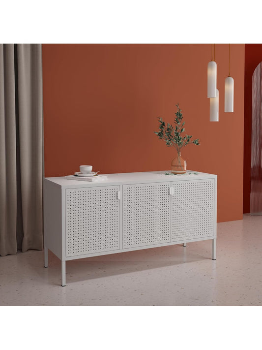 Mueble Bajo para Television con Tres Puertas Ventiladas Compartimentos Cerrados y Gestion de Cables Blanco
