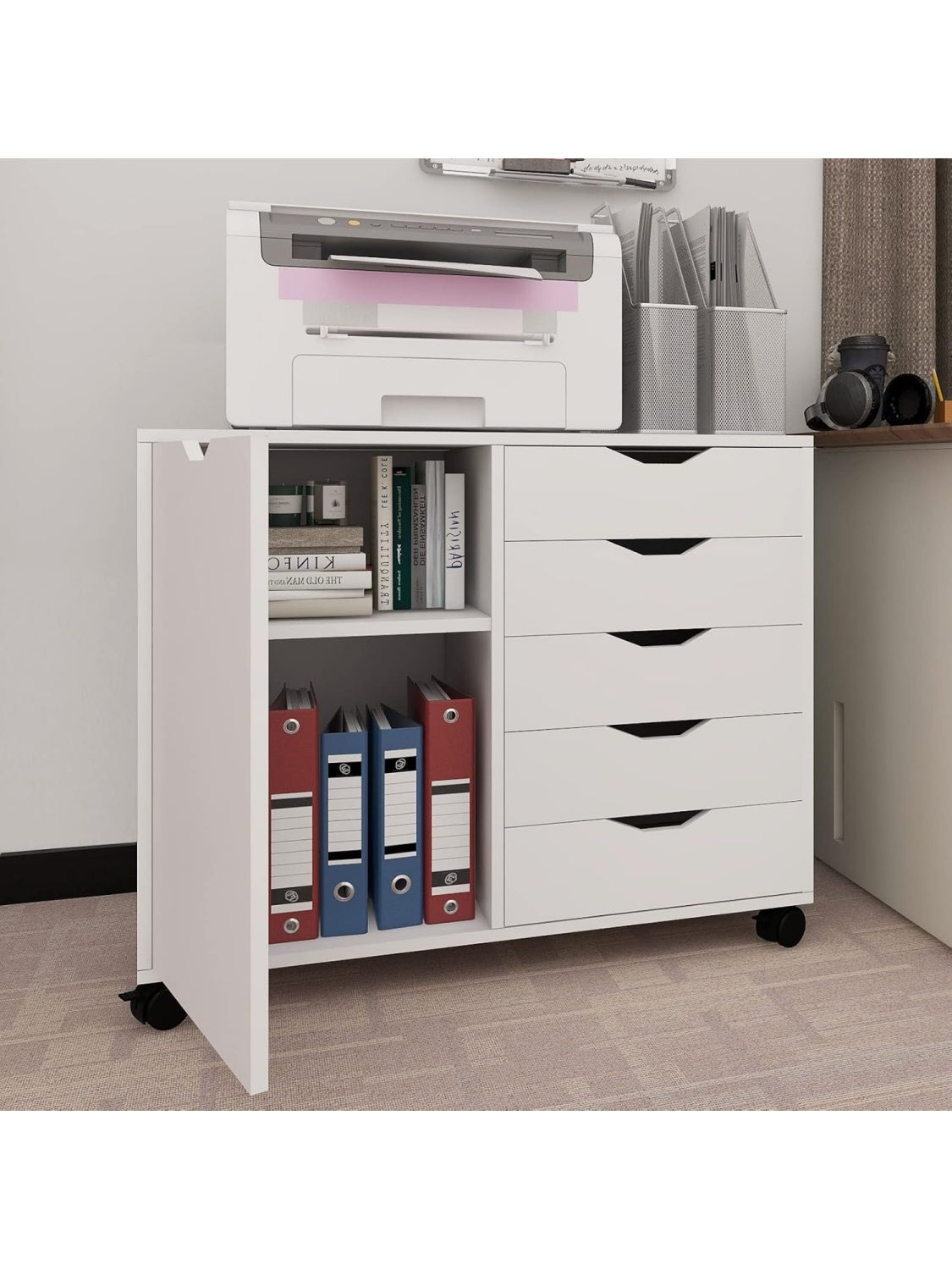 Mueble Archivador Movil con Cinco Cajones y Espacio Superior para Colocar Impresora