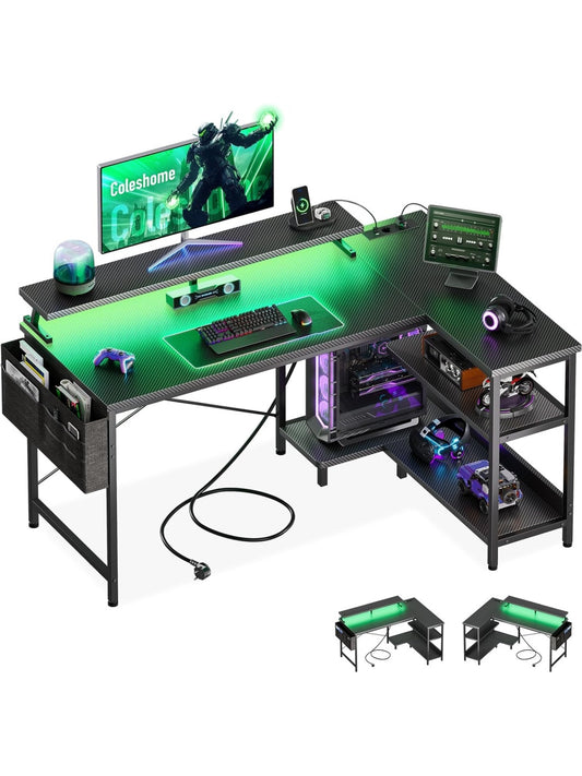 Escritorio gaming en forma de L con iluminacion LED estantes reversibles tomas electricas y conexion USB